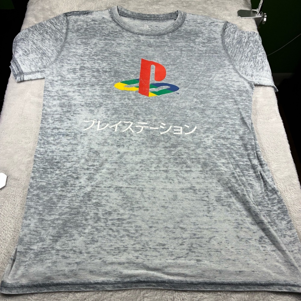 PlayStation Mens Grey Burnout Graphic T-Shirt Japanese Katakana Logo Size S